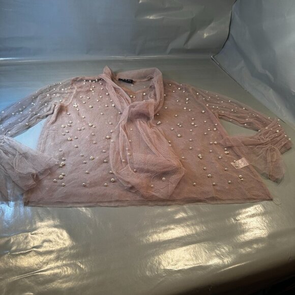 The Moon Pearl Sheer Mesh Blouse Womens Scarf Balloon Long Sleeve High Neck - Picture 2 of 16